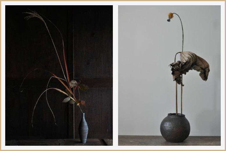 Ikebanas con materiales vegetales secos.