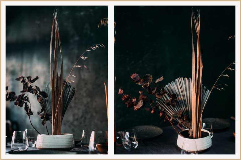 Diseño floral japonés con hojas de palmera secas.